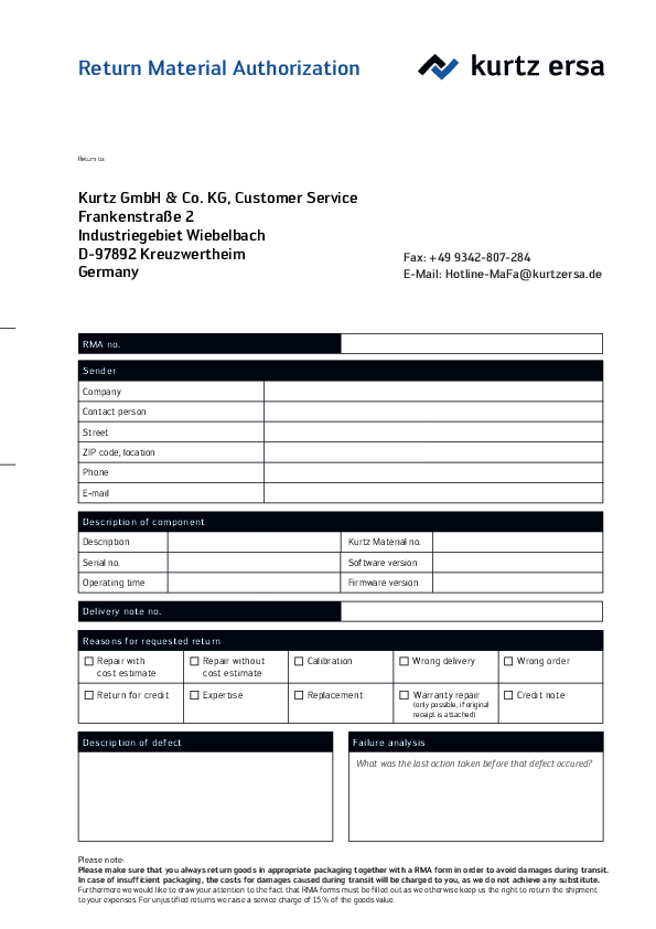 Kurtz Return Material Authorization (RMA)