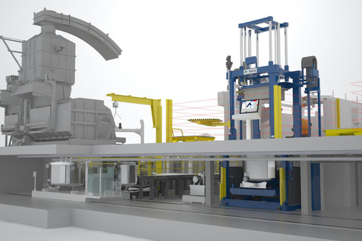 Casting line with melting furnace, LP casting machine and furnace shuttle View of a Kurtz casting line with furnace shuttle