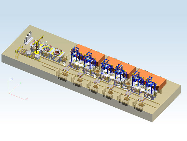 Casting line with furnace shuttle, holding and degassing station Casting line for the production of landing gear parts