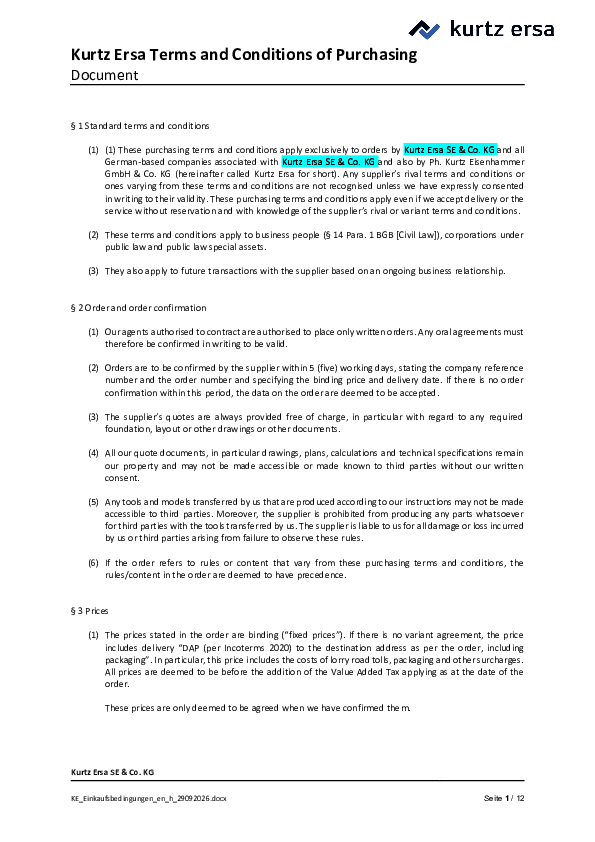 Kurtz Ersa Purchasing Conditions