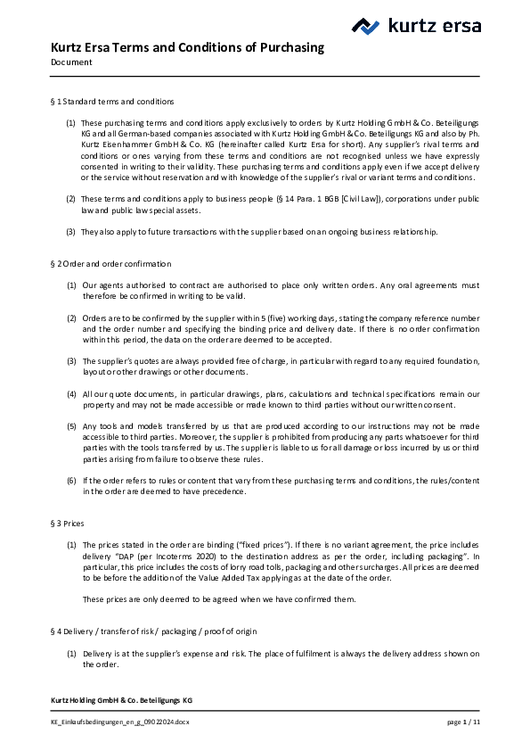 Kurtz Ersa Purchasing Conditions