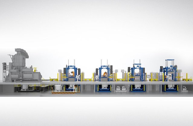 Customer project: Casting line with four low pressure casting machines with furnace shuttle Low pressure casting line from Kurtz